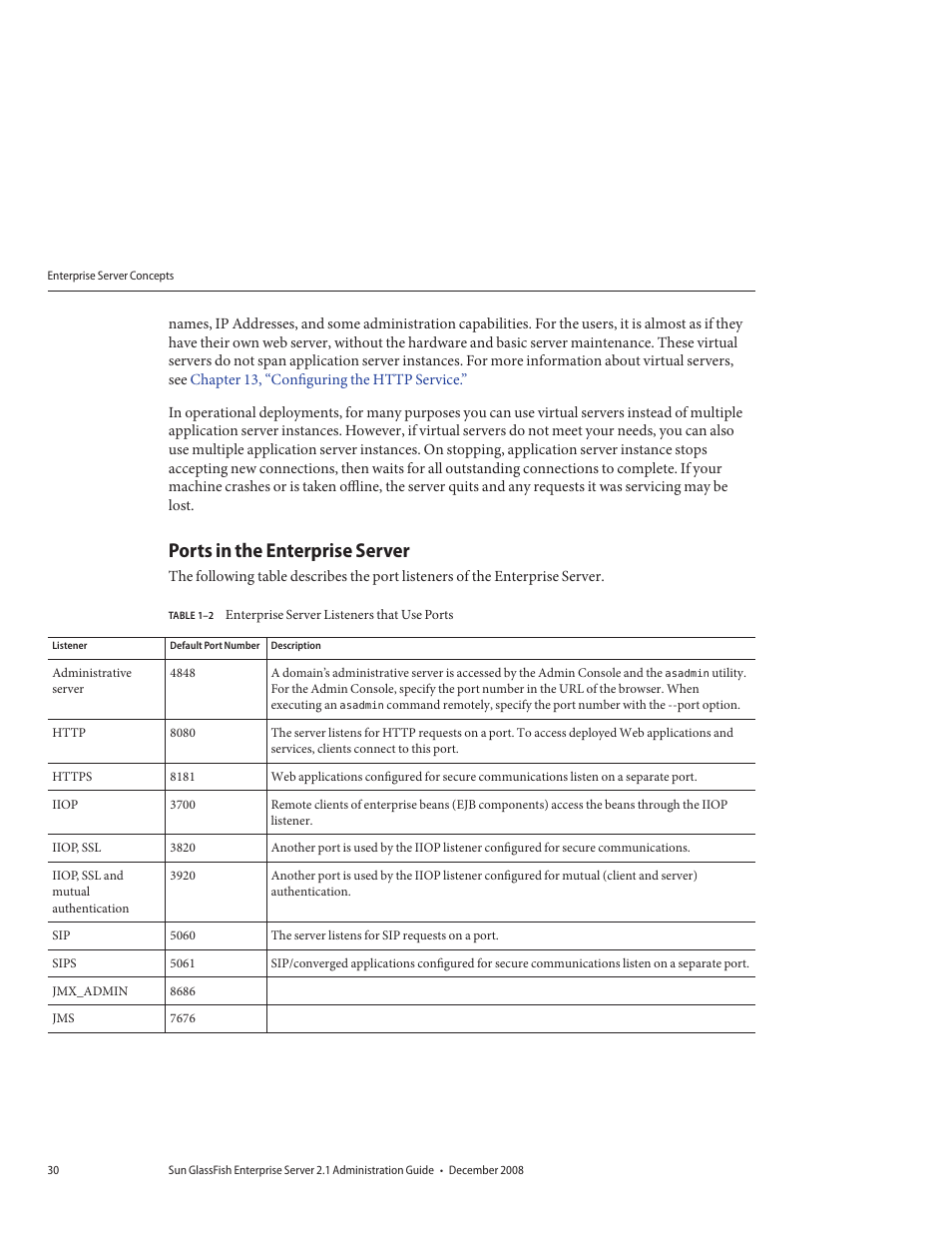 Ports in the enterprise server, Table 1–2, Enterprise server listeners that use ports | Sun Microsystems GLASSFISH ENTERPRISE 820433510 User Manual | Page 30 / 256