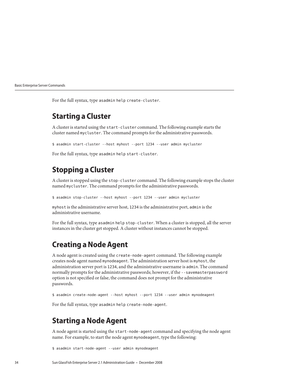 Starting a cluster, Stopping a cluster, Creating a node agent | Starting a node agent | Sun Microsystems GLASSFISH ENTERPRISE 820433510 User Manual | Page 34 / 256