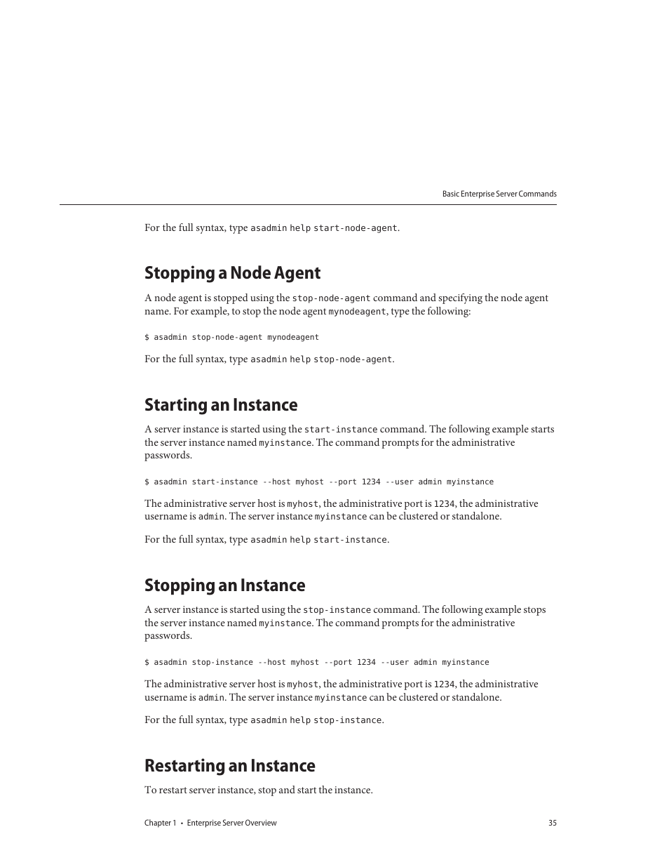 Stopping a node agent, Starting an instance, Stopping an instance | Restarting an instance | Sun Microsystems GLASSFISH ENTERPRISE 820433510 User Manual | Page 35 / 256