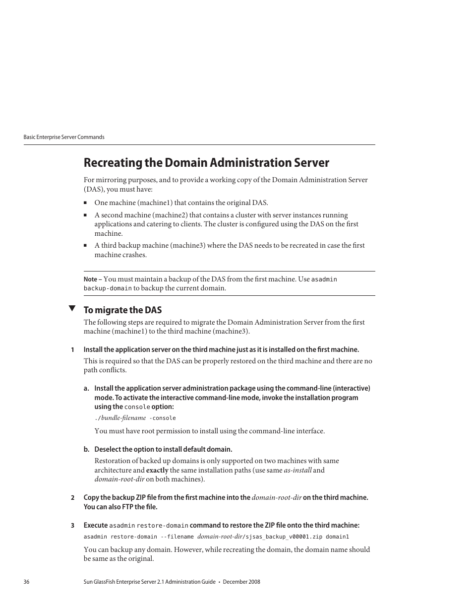Recreating the domain administration server, To migrate the das | Sun Microsystems GLASSFISH ENTERPRISE 820433510 User Manual | Page 36 / 256