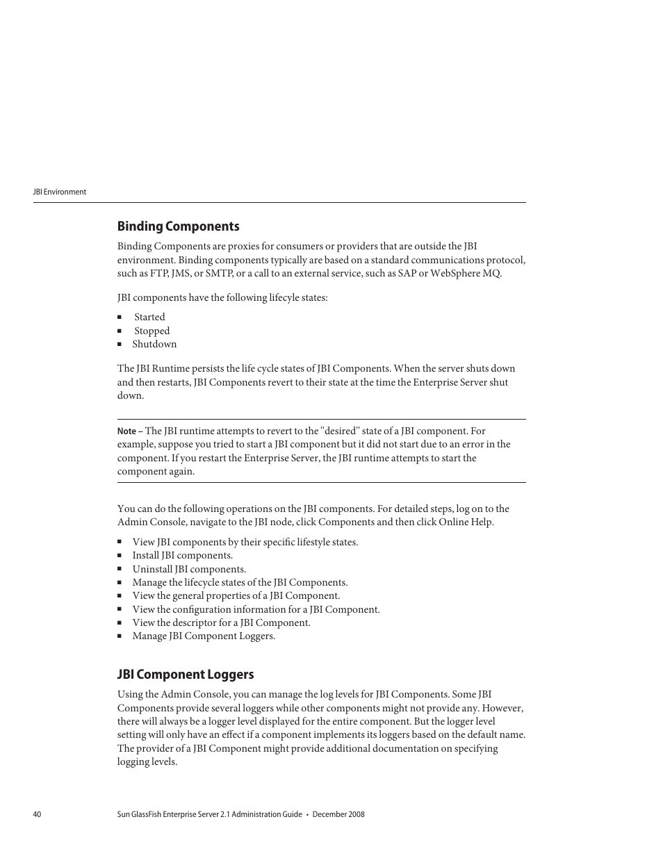 Binding components, Jbi component loggers | Sun Microsystems GLASSFISH ENTERPRISE 820433510 User Manual | Page 40 / 256