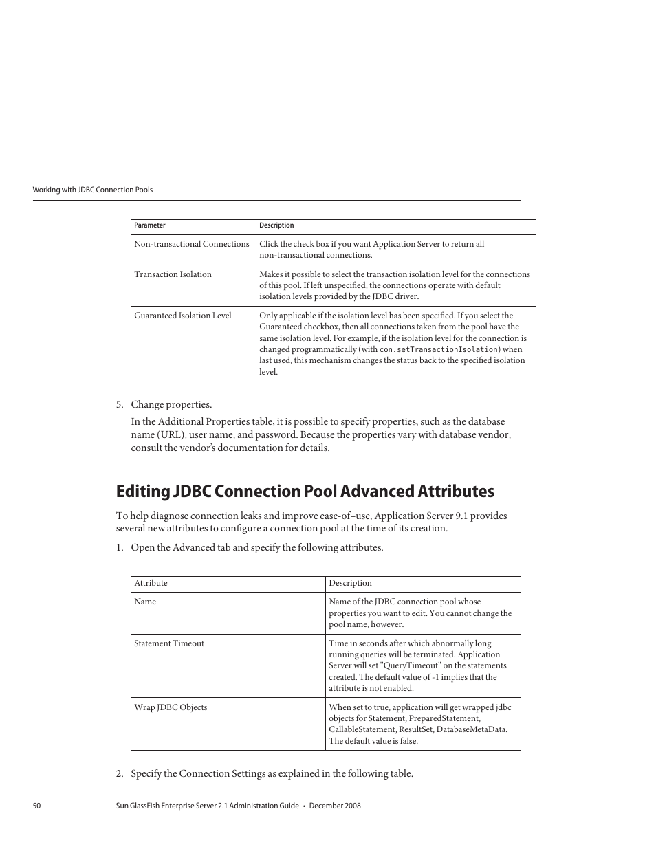 Editing jdbc connection pool advanced attributes | Sun Microsystems GLASSFISH ENTERPRISE 820433510 User Manual | Page 50 / 256