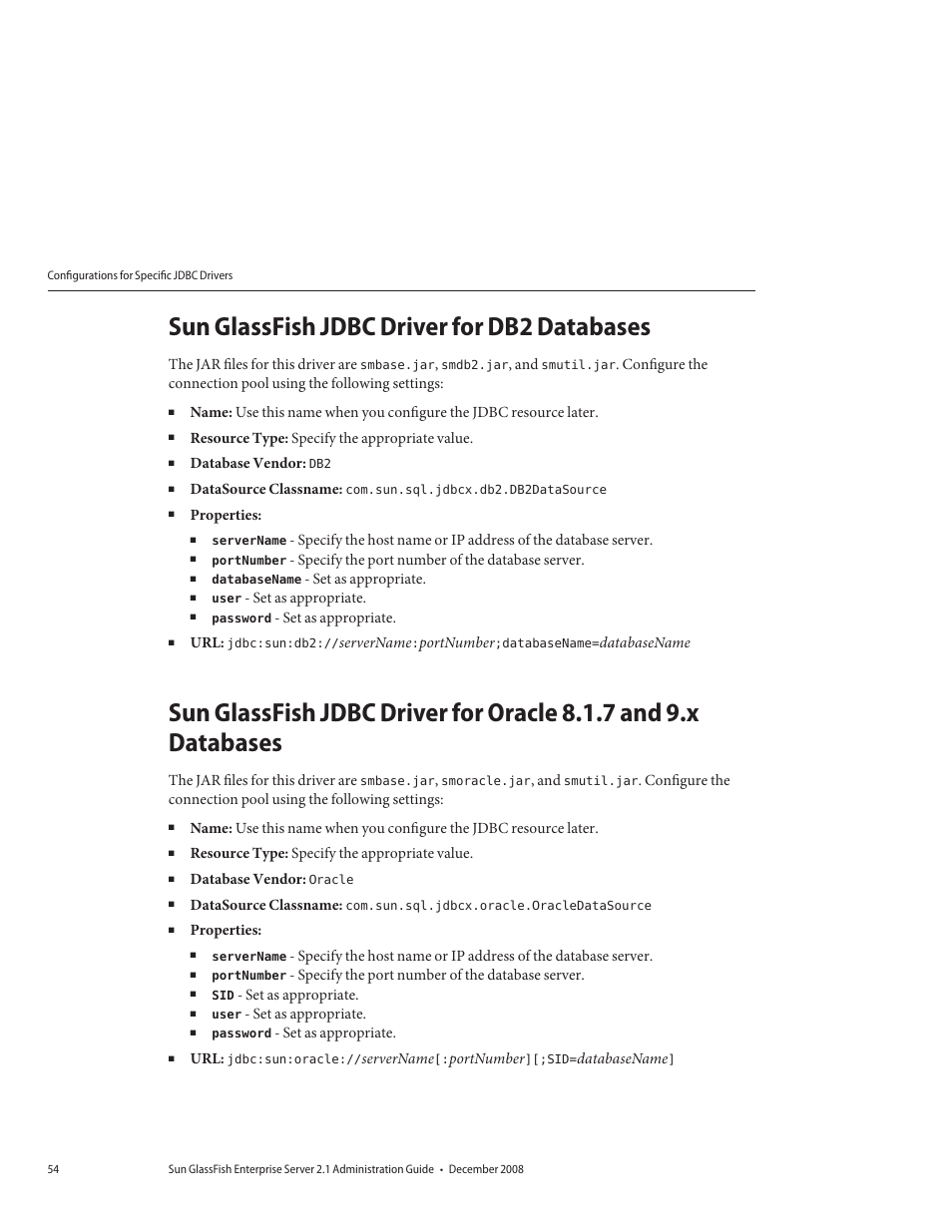 Sun glassfish jdbc driver for db2 databases | Sun Microsystems GLASSFISH ENTERPRISE 820433510 User Manual | Page 54 / 256