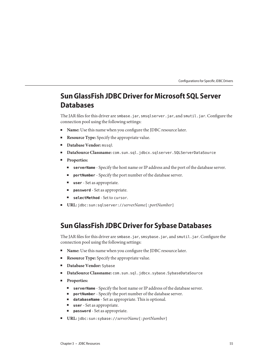 Sun glassfish jdbc driver for sybase databases | Sun Microsystems GLASSFISH ENTERPRISE 820433510 User Manual | Page 55 / 256