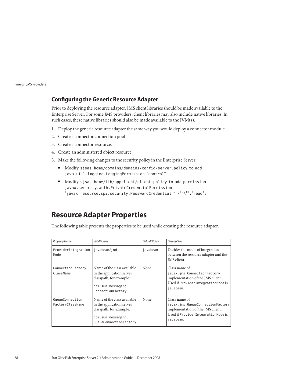Configuring the generic resource adapter, Resource adapter properties | Sun Microsystems GLASSFISH ENTERPRISE 820433510 User Manual | Page 68 / 256