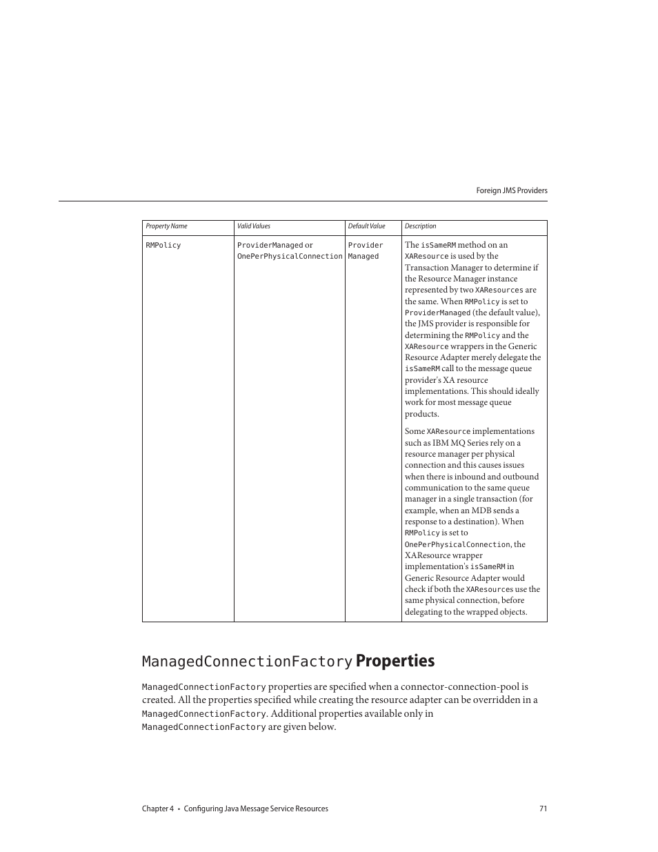 Managedconnectionfactory properties, Managedconnectionfactory, Properties | Sun Microsystems GLASSFISH ENTERPRISE 820433510 User Manual | Page 71 / 256