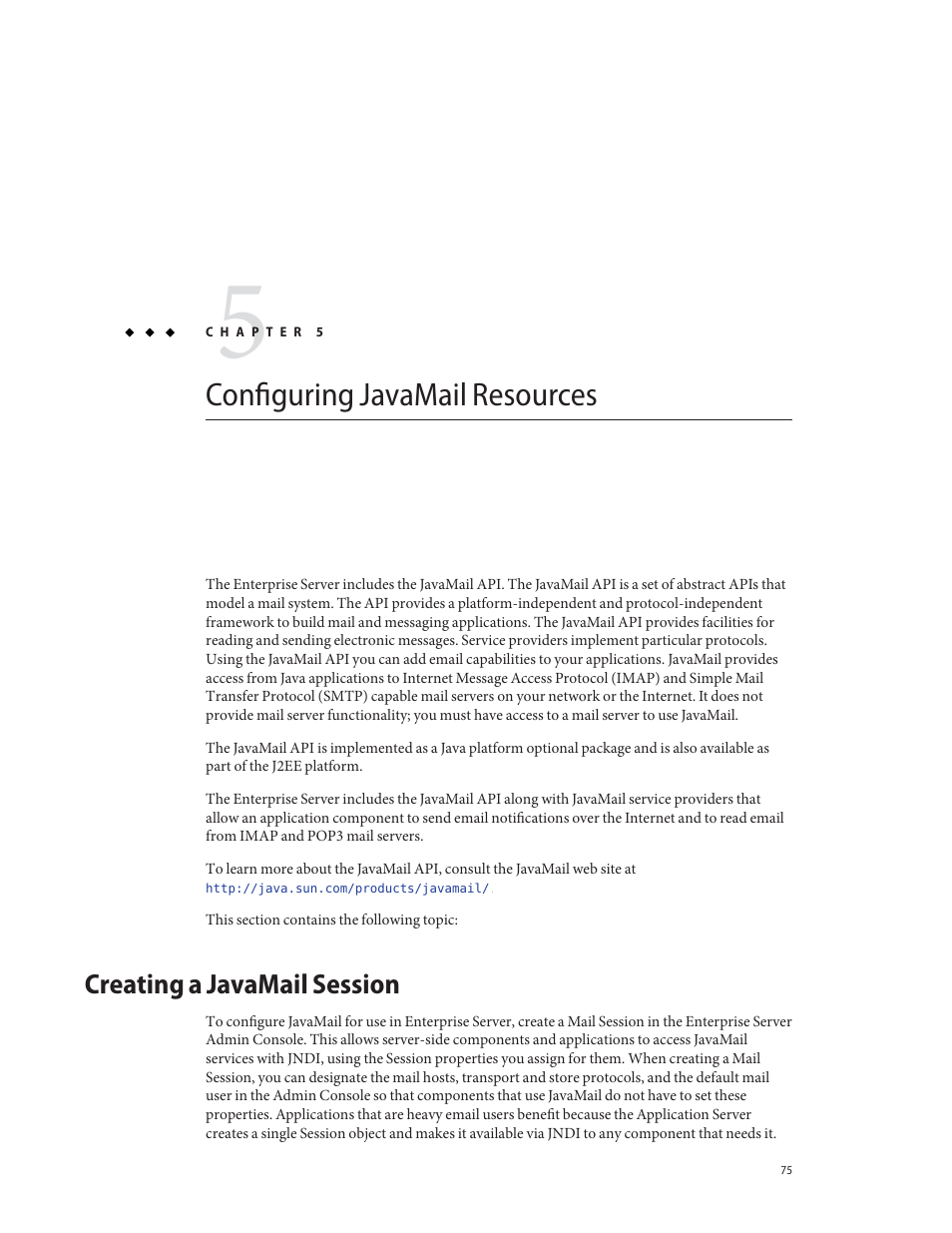Configuring javamail resources, Creating a javamail session | Sun Microsystems GLASSFISH ENTERPRISE 820433510 User Manual | Page 75 / 256