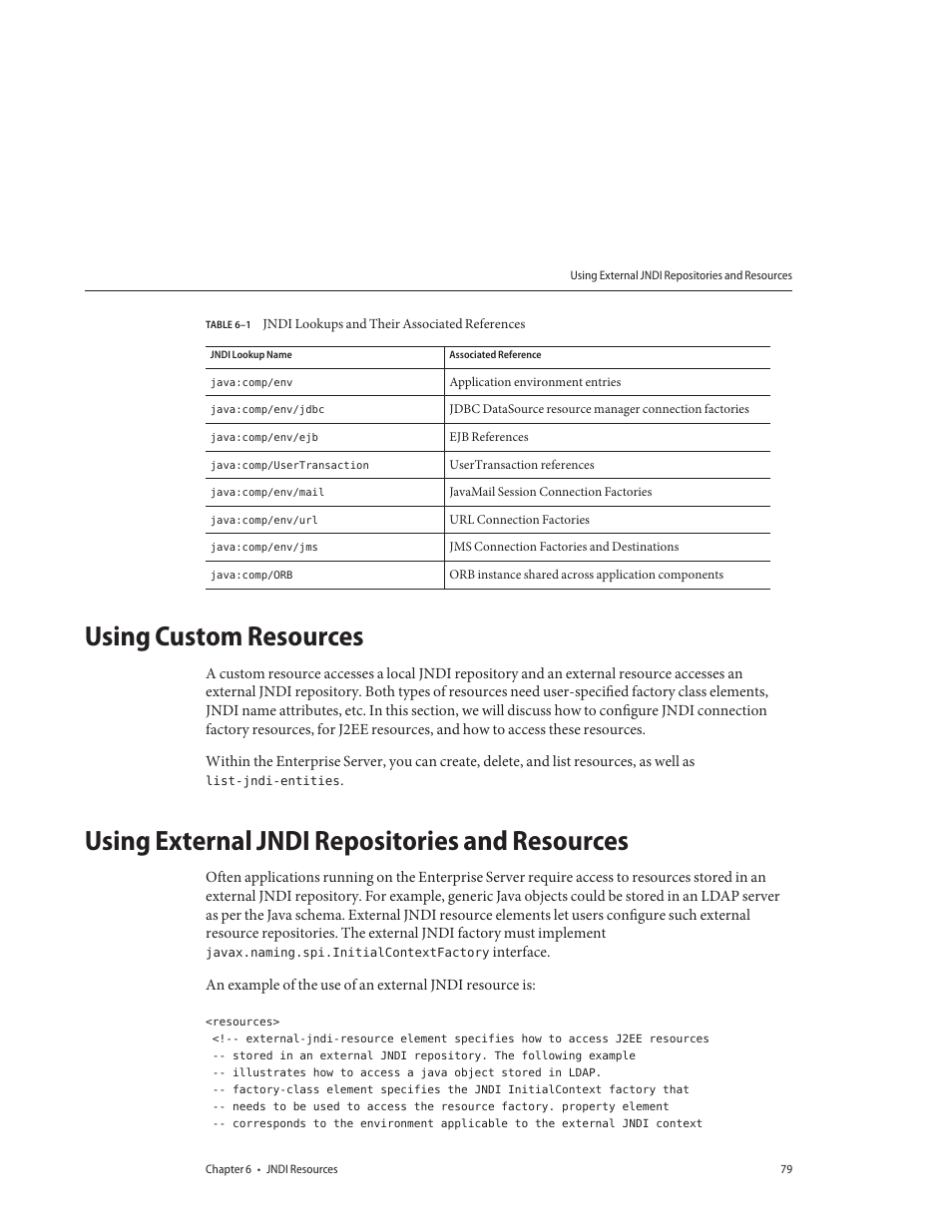 Using custom resources, Using external jndi repositories and resources, Table 6–1 | Jndi lookups and their associated references | Sun Microsystems GLASSFISH ENTERPRISE 820433510 User Manual | Page 79 / 256