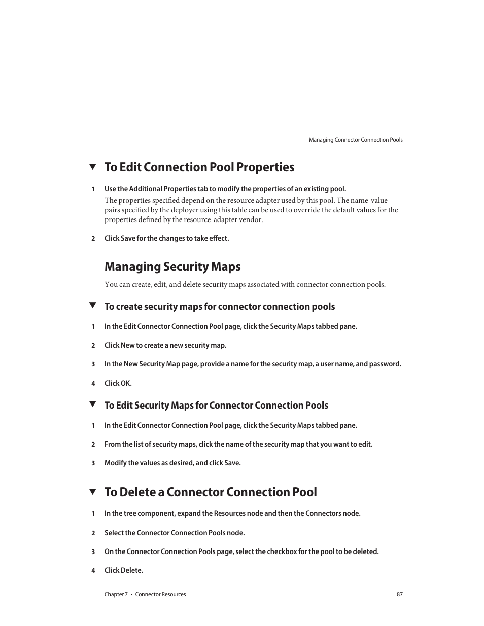 To edit connection pool properties, Managing security maps, To delete a connector connection pool | Sun Microsystems GLASSFISH ENTERPRISE 820433510 User Manual | Page 87 / 256