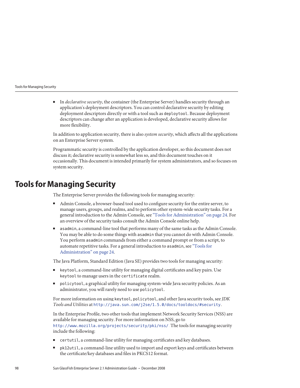 Tools for managing security | Sun Microsystems GLASSFISH ENTERPRISE 820433510 User Manual | Page 98 / 256