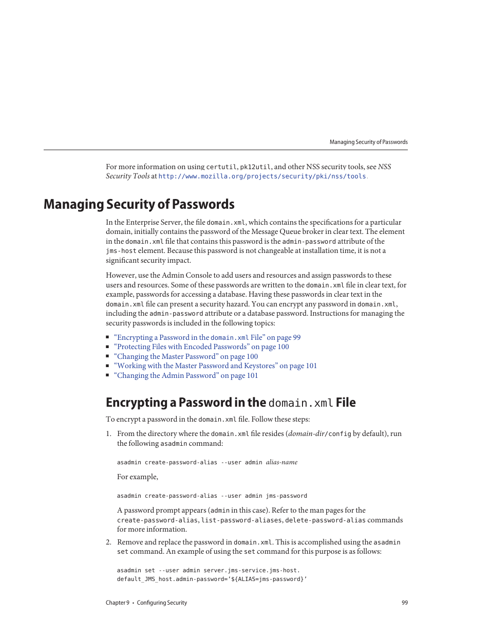 Managing security of passwords, Encrypting a password in the domain.xml file | Sun Microsystems GLASSFISH ENTERPRISE 820433510 User Manual | Page 99 / 256