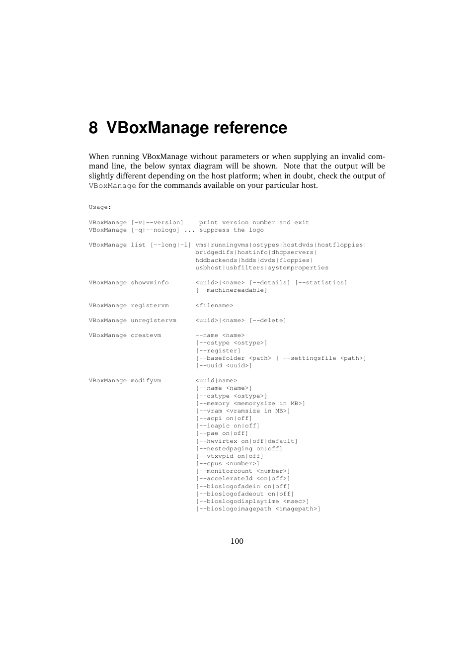 8 vboxmanage reference, Vboxmanage reference, Vboxmanage | Reference | Sun Microsystems VIRTUALBOX 3.0.0 User Manual | Page 100 / 259