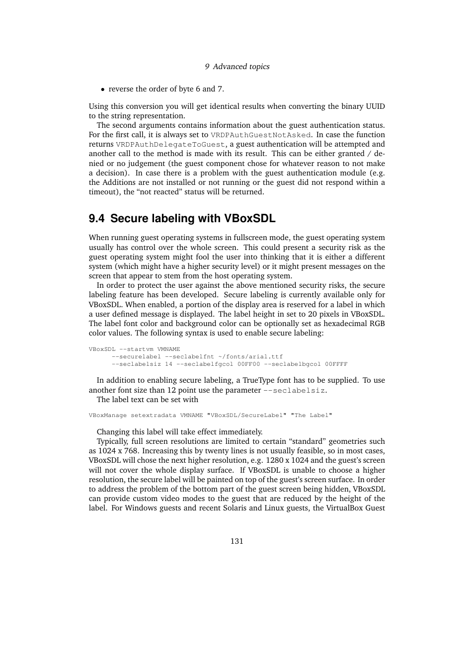 4 secure labeling with vboxsdl, Secure labeling with vboxsdl | Sun Microsystems VIRTUALBOX 3.0.0 User Manual | Page 131 / 259