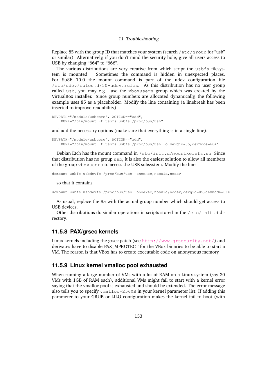 8 pax/grsec kernels, 9 linux kernel vmalloc pool exhausted | Sun Microsystems VIRTUALBOX 3.0.0 User Manual | Page 153 / 259