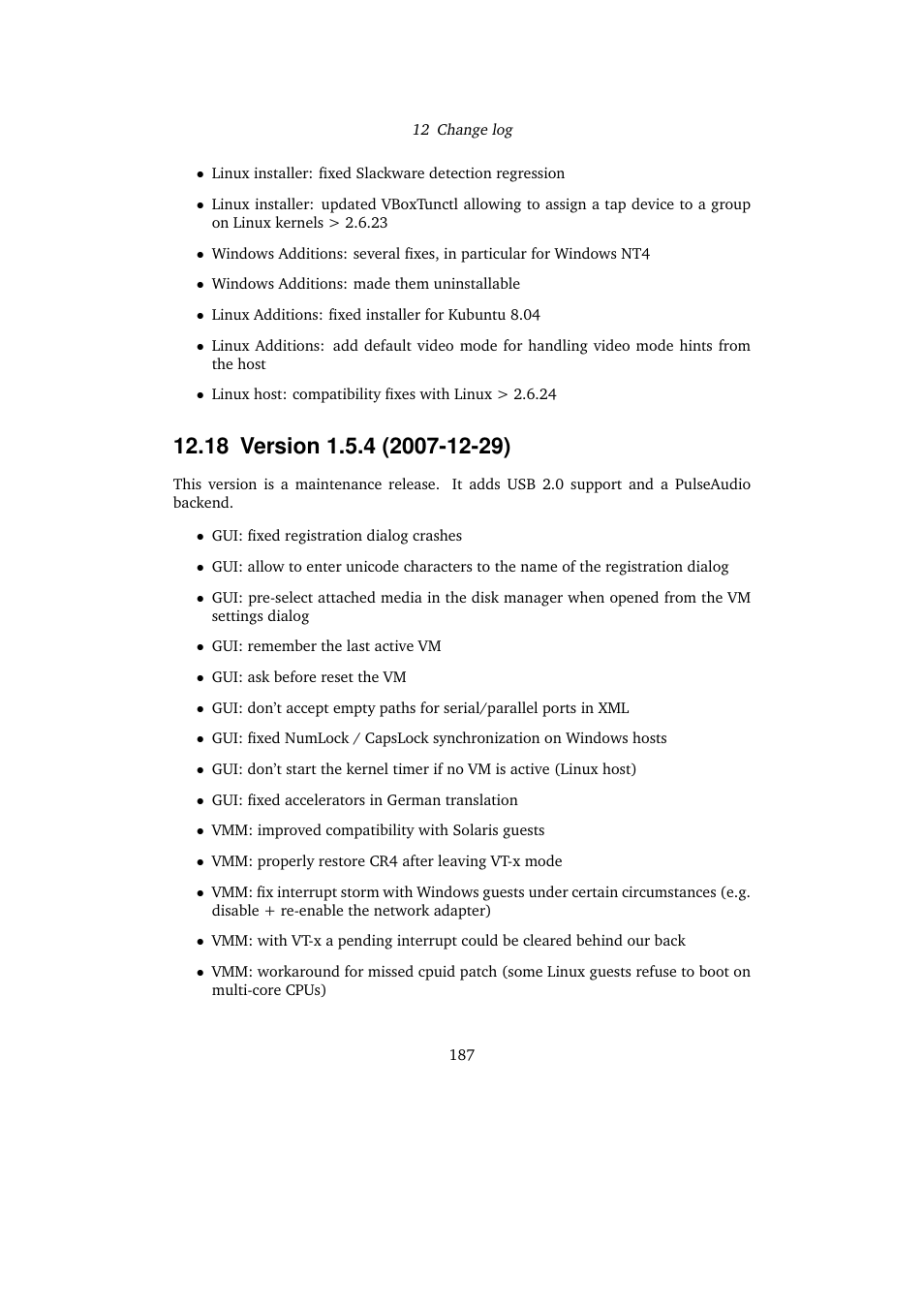 18 version 1.5.4 (2007-12-29), 18version 1.5.4 (2007-12-29) | Sun Microsystems VIRTUALBOX 3.0.0 User Manual | Page 187 / 259