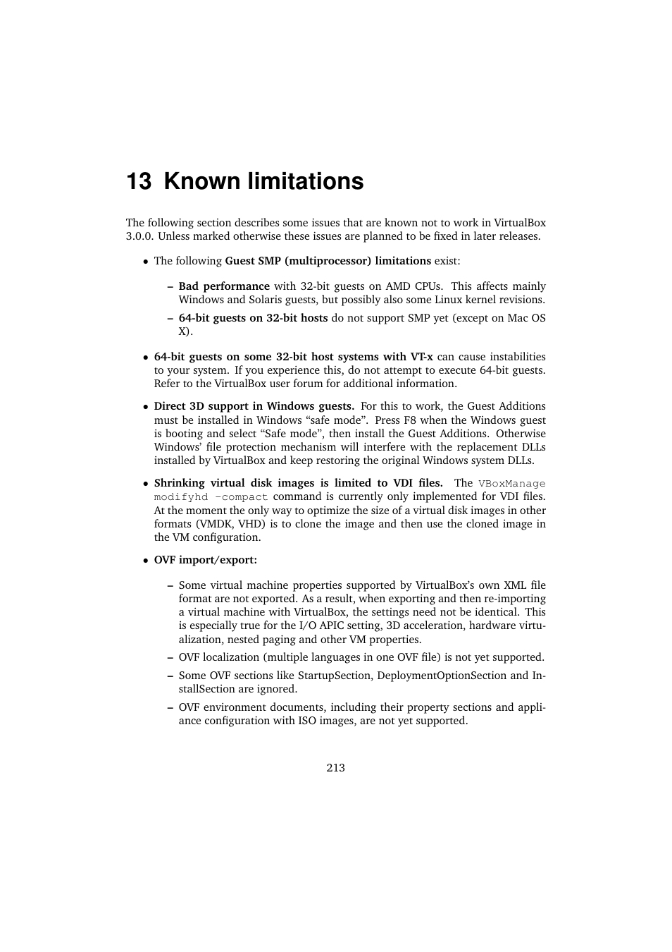 13 known limitations, Known limitations | Sun Microsystems VIRTUALBOX 3.0.0 User Manual | Page 213 / 259