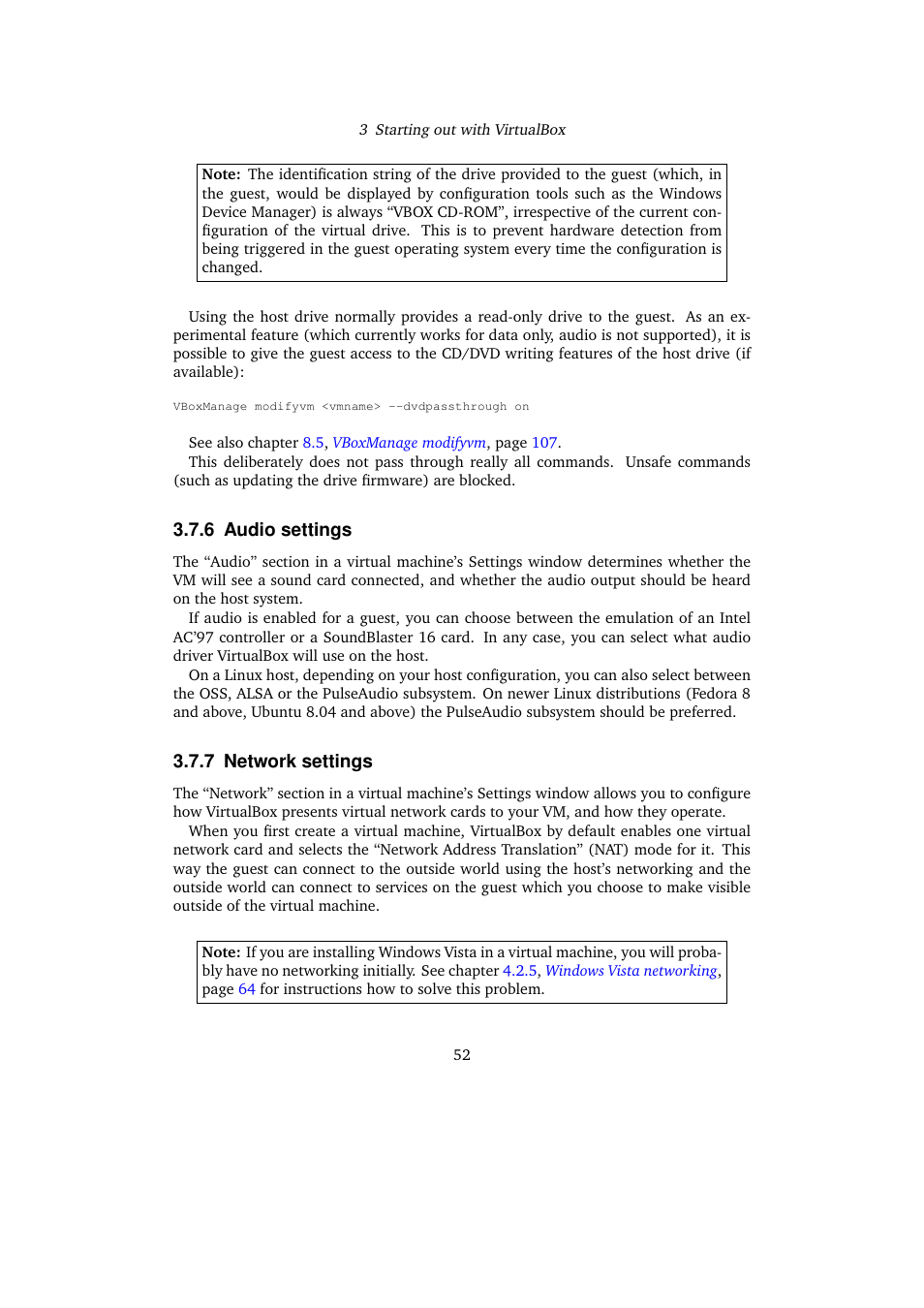 6 audio settings, 7 network settings, Audio settings | Network settings | Sun Microsystems VIRTUALBOX 3.0.0 User Manual | Page 52 / 259