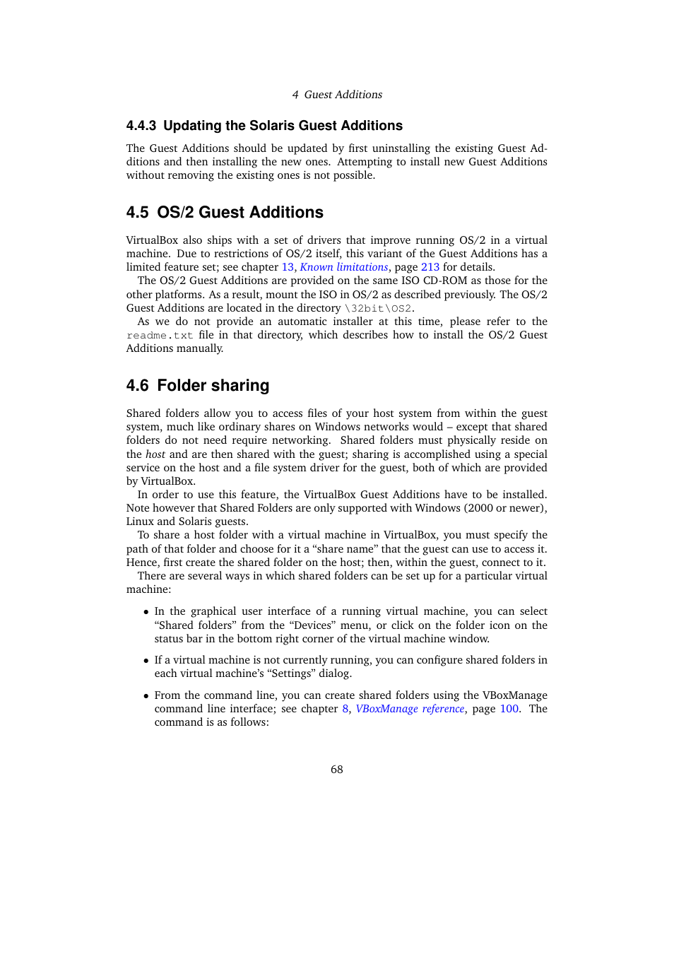 3 updating the solaris guest additions, 5 os/2 guest additions, 6 folder sharing | Updating the solaris guest additions, Os/2 guest additions, Folder sharing | Sun Microsystems VIRTUALBOX 3.0.0 User Manual | Page 68 / 259