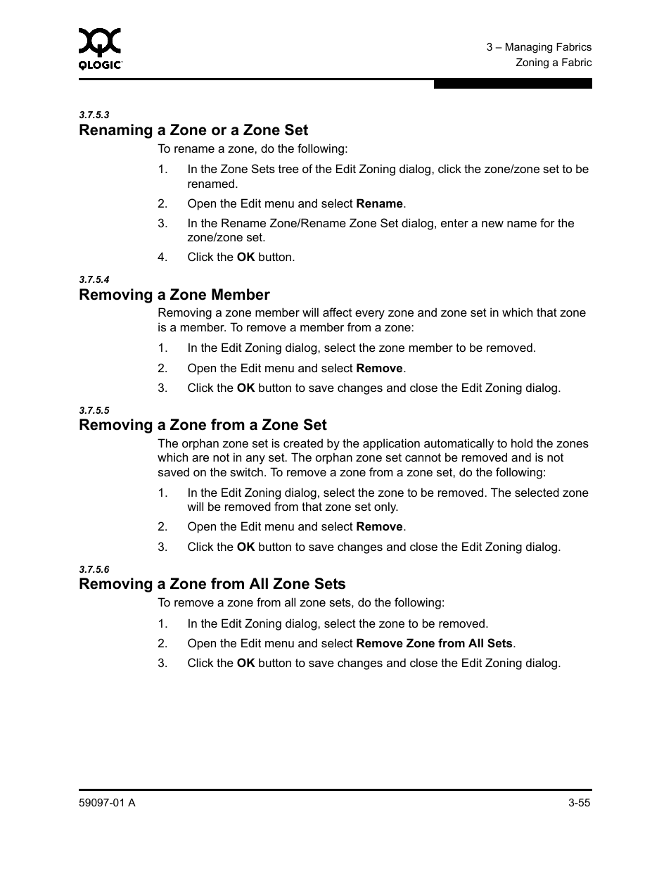 3 renaming a zone or a zone set, 4 removing a zone member, 5 removing a zone from a zone set | 6 removing a zone from all zone sets, Renaming a zone or a zone set -55, Removing a zone member -55, Removing a zone from a zone set -55, Removing a zone from all zone sets -55, Renaming a zone or a zone set, Removing a zone member | Sun Microsystems 5602 User Manual | Page 101 / 324
