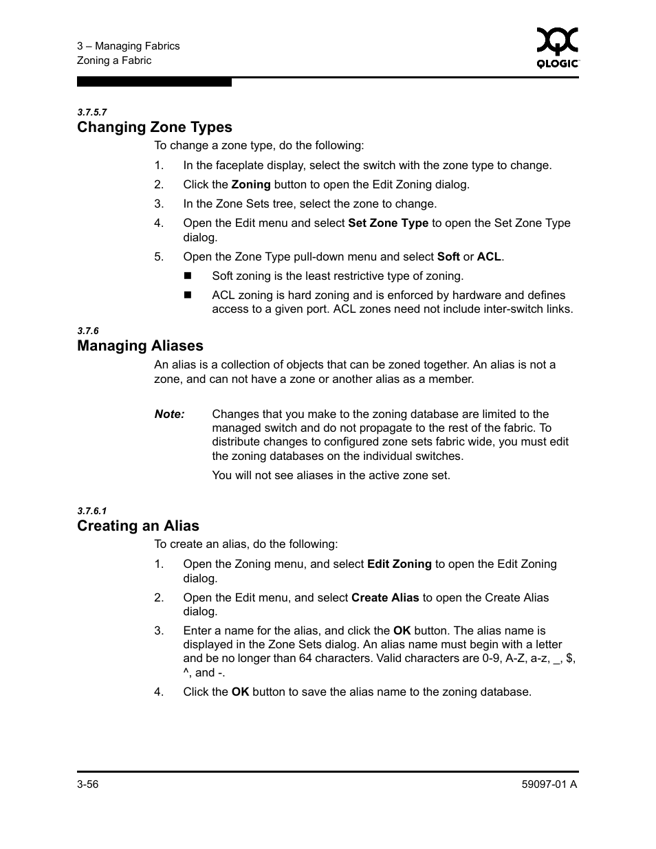 7 changing zone types, 6 managing aliases, 1 creating an alias | Changing zone types -56, Managing aliases -56, Creating an alias -56, Managing aliases, Changing zone types | Sun Microsystems 5602 User Manual | Page 102 / 324