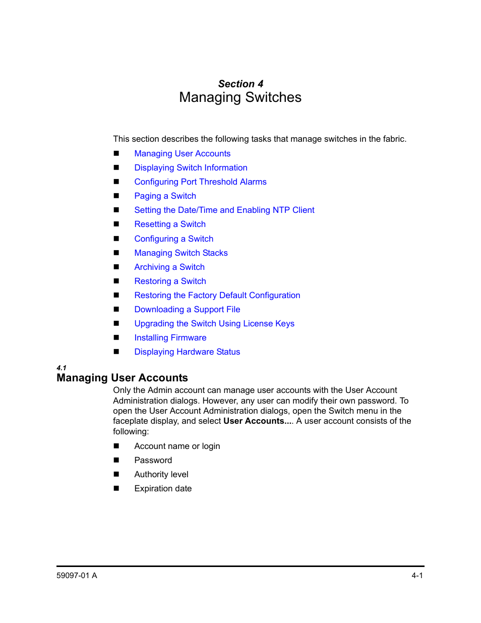 Section 4 managing switches, 1 managing user accounts, Section 4 | Managing switches, Managing user accounts -1, Describ, R to, Managing user accounts” on, Or th, Managing user accounts | Sun Microsystems 5602 User Manual | Page 105 / 324