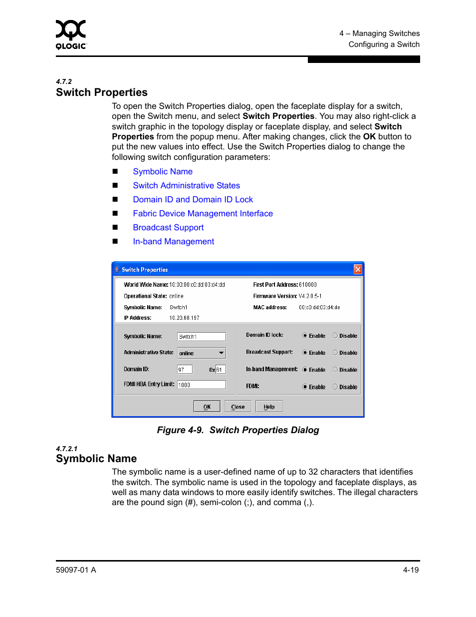 2 switch properties, 1 symbolic name, Switch properties -19 | Symbolic name -19, Switch properties dialog -19 | Sun Microsystems 5602 User Manual | Page 123 / 324