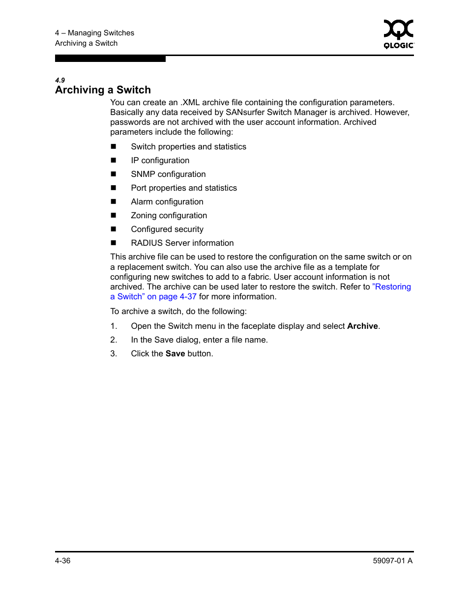 9 archiving a switch, Archiving a switch -36, R to | Archiving a, Archiving a switch | Sun Microsystems 5602 User Manual | Page 140 / 324