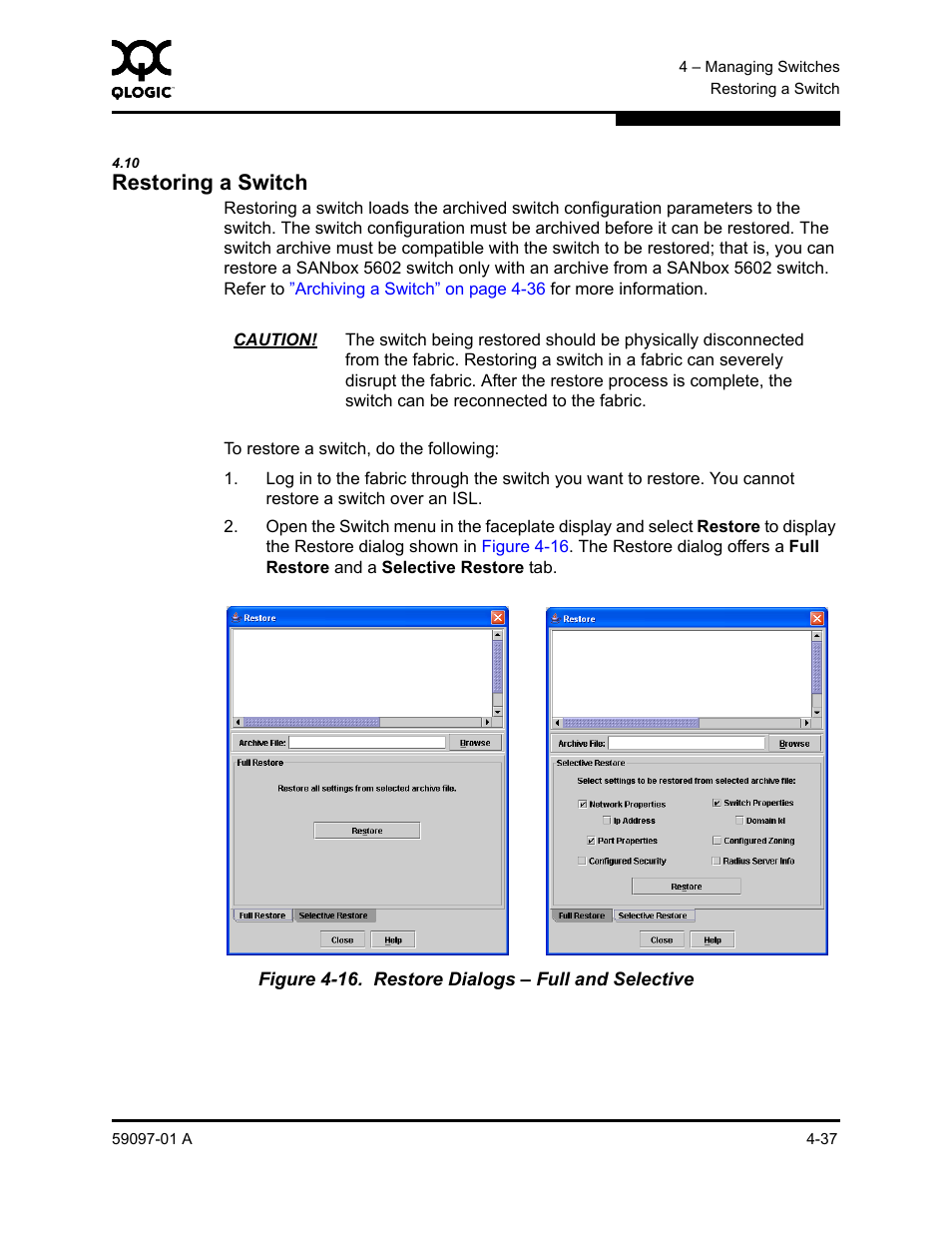 10 restoring a switch, Restoring a switch -37, Restore dialogs – full and selective -37 | Restoring a switch | Sun Microsystems 5602 User Manual | Page 141 / 324