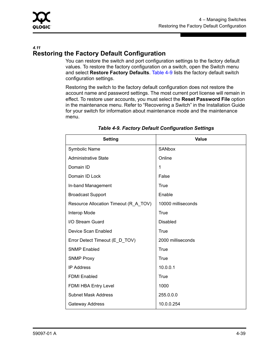 11 restoring the factory default configuration, Restoring the factory default configuration -39, Factory default configuration settings -39 | Restoring the factory default configuration | Sun Microsystems 5602 User Manual | Page 143 / 324