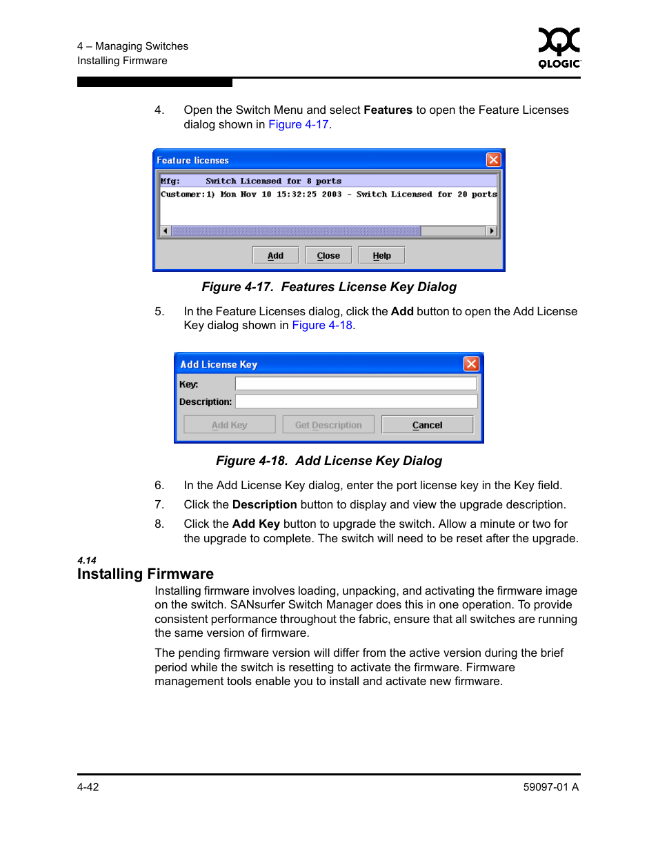 14 installing firmware, Installing firmware -42, Features license key dialog -42 | Add license key dialog -42, Installing firmware | Sun Microsystems 5602 User Manual | Page 146 / 324