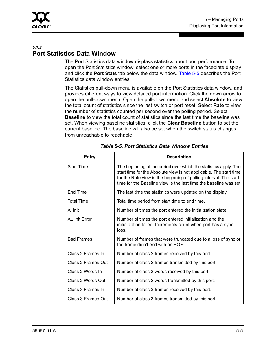 2 port statistics data window, Port statistics data window -5, Port statistics data window entries -5 | Port statistics data window | Sun Microsystems 5602 User Manual | Page 153 / 324