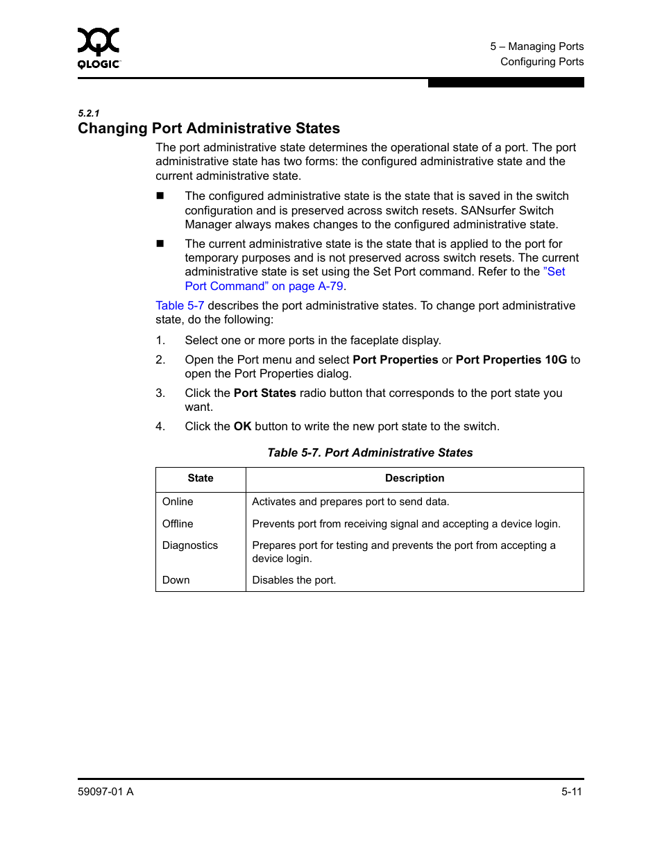 1 changing port administrative states, Changing port administrative states -11, Port administrative states -11 | Sun Microsystems 5602 User Manual | Page 159 / 324