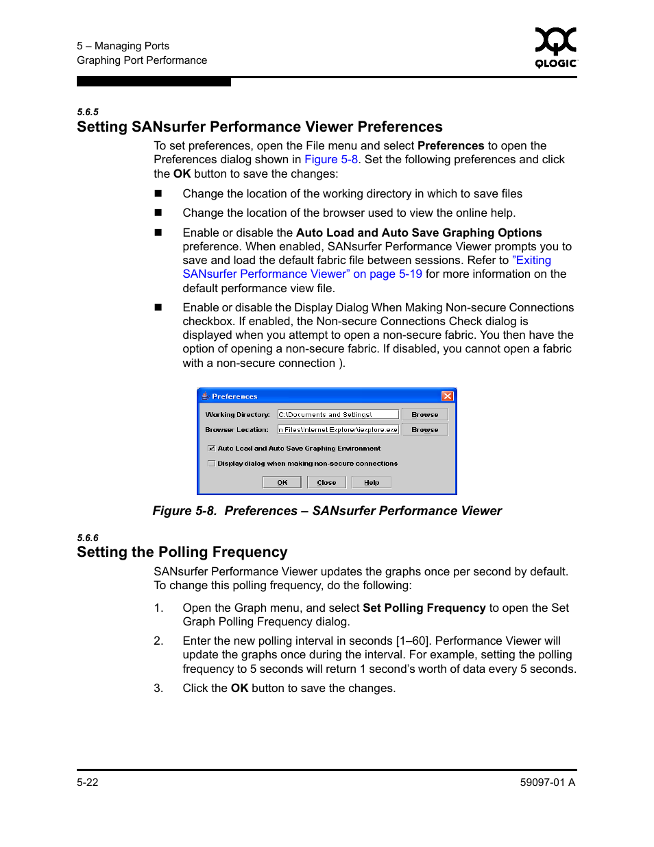 5 setting sansurfer performance viewer preferences, 6 setting the polling frequency, Setting the polling frequency -22 | Preferences – sansurfer performance viewer -22, Setting sansurfer performance viewer preferences, Setting the polling frequency, Lt). refer to, Setting sansurfer performance, For more information | Sun Microsystems 5602 User Manual | Page 170 / 324