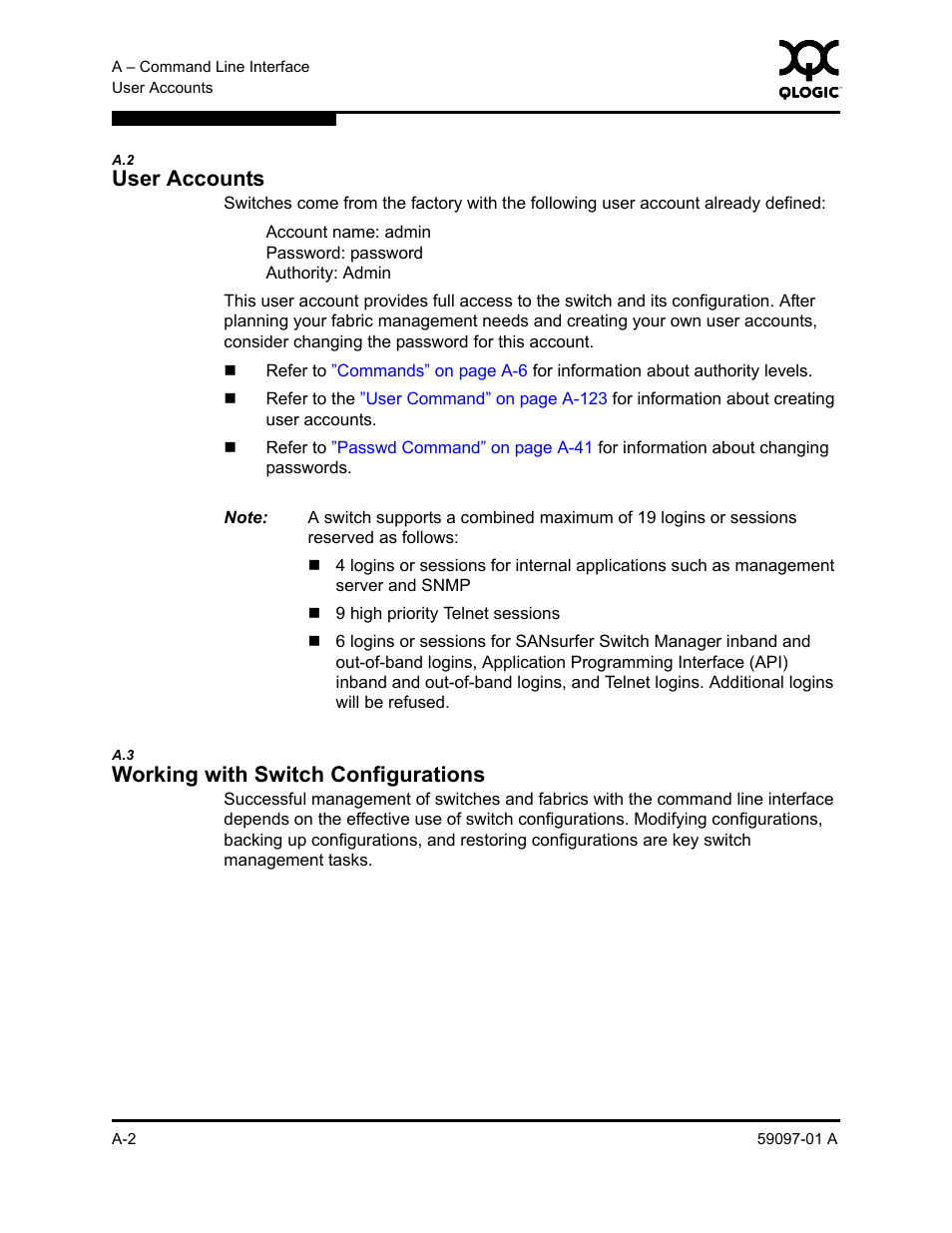 A.2 user accounts, A.3 working with switch configurations, User accounts | Working with switch configurations | Sun Microsystems 5602 User Manual | Page 176 / 324
