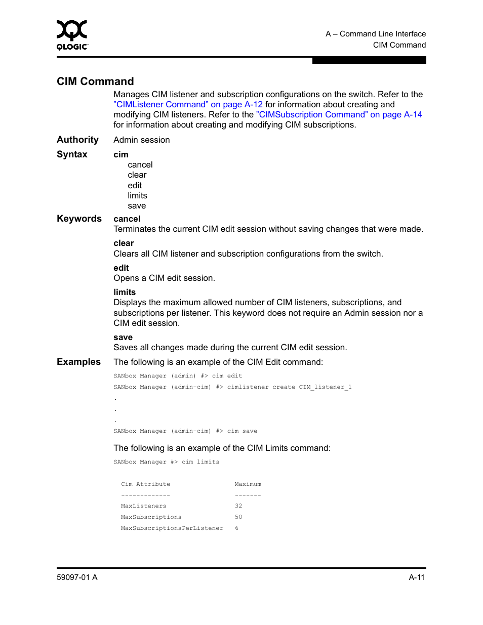 Cim command, A-11 | Sun Microsystems 5602 User Manual | Page 185 / 324