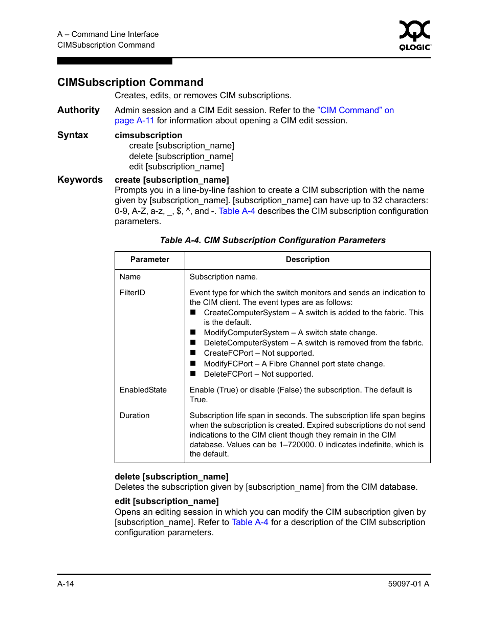Cimsubscription command, A-14 | Sun Microsystems 5602 User Manual | Page 188 / 324