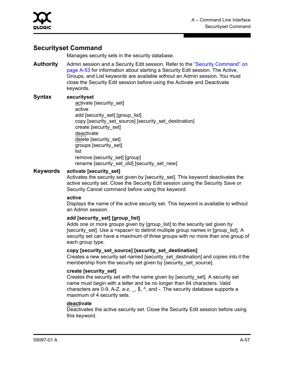 Securityset command, A-57, For informa | Securityset, Securityset command” on, For information | Sun Microsystems 5602 User Manual | Page 231 / 324