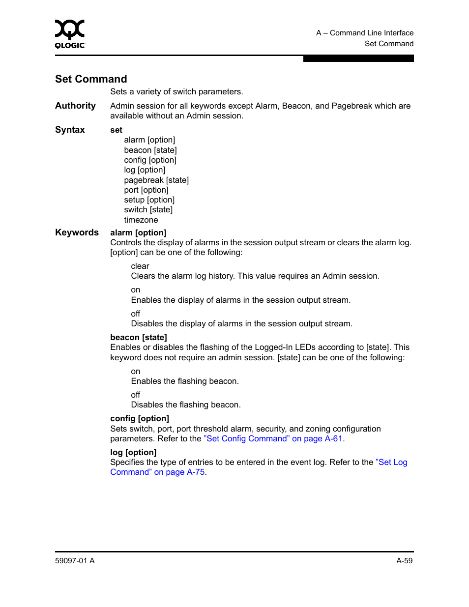 Set command, A-59 | Sun Microsystems 5602 User Manual | Page 233 / 324