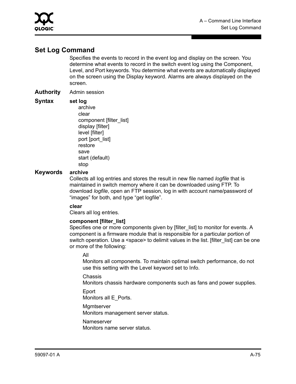 Set log command, A-75, Set log | Sun Microsystems 5602 User Manual | Page 249 / 324