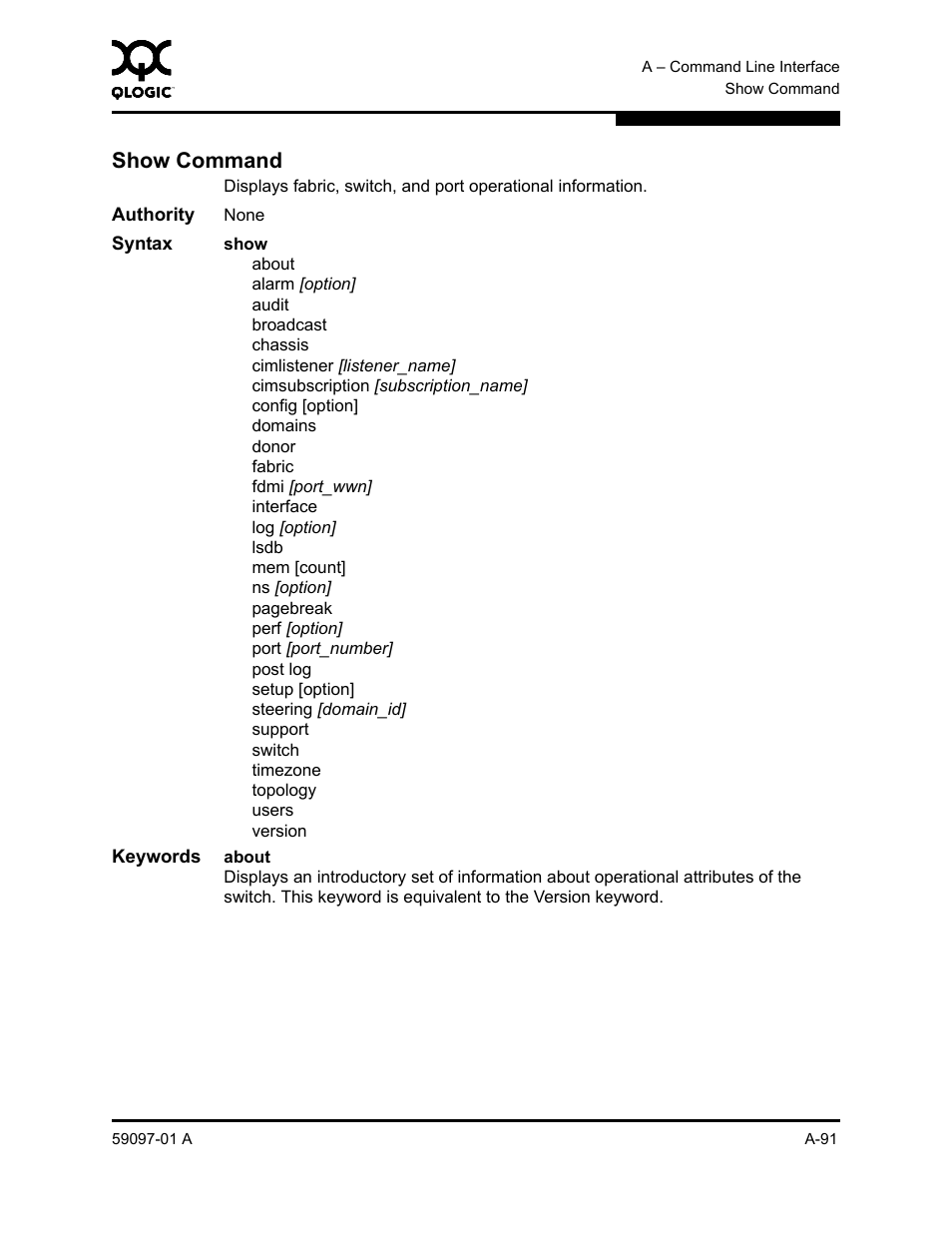 Show command, D the, Show command” on | Port keyword), A-91 | Sun Microsystems 5602 User Manual | Page 265 / 324