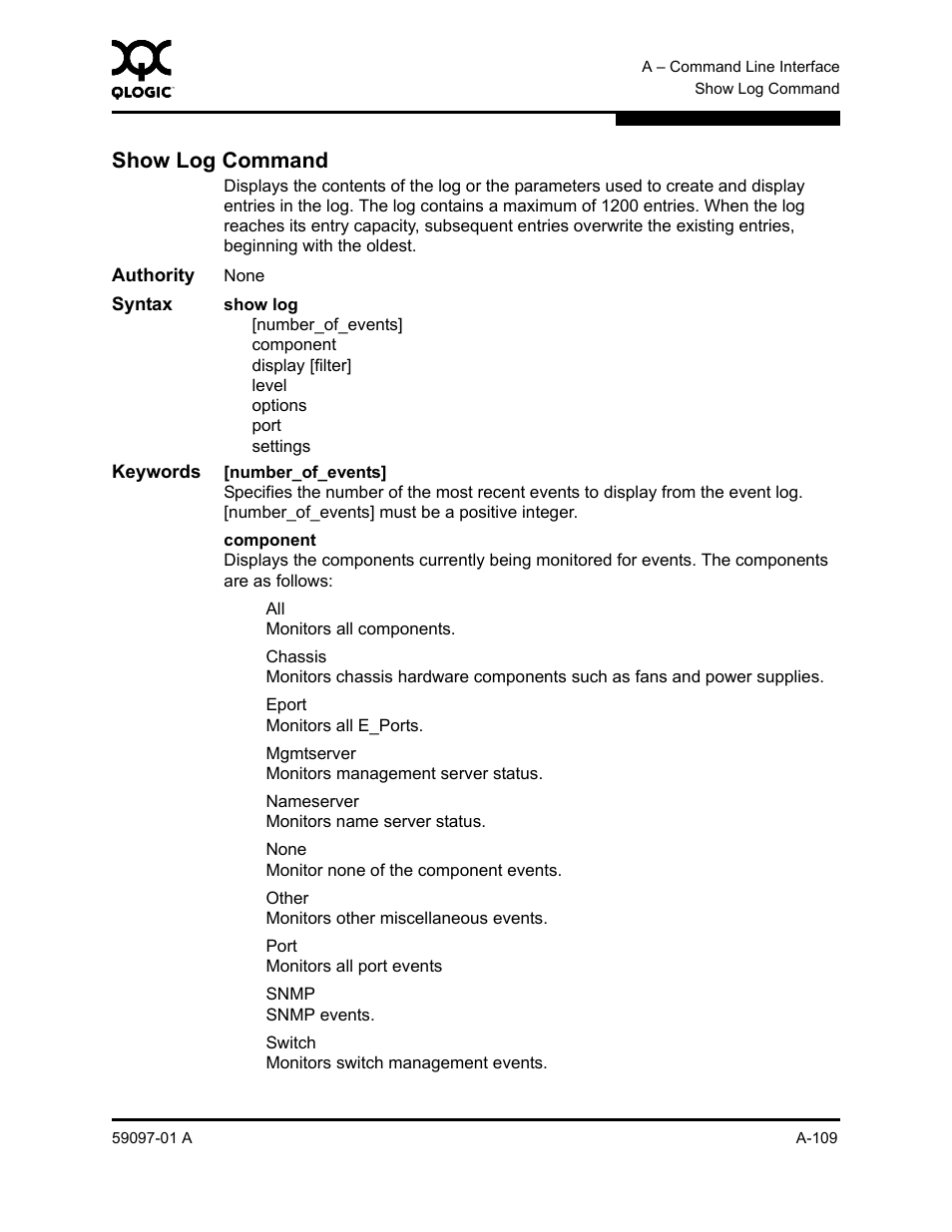 Show log command, A-109 | Sun Microsystems 5602 User Manual | Page 283 / 324