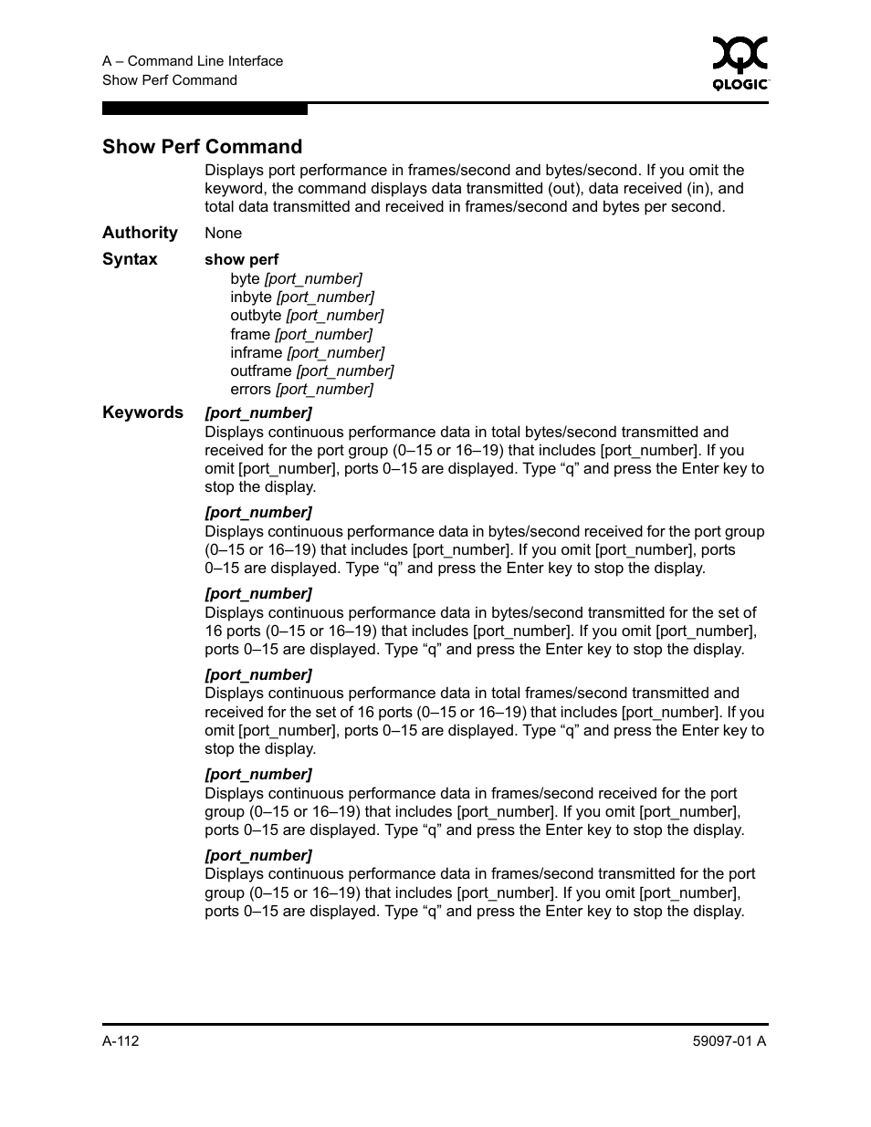 Show perf command, A-112 | Sun Microsystems 5602 User Manual | Page 286 / 324