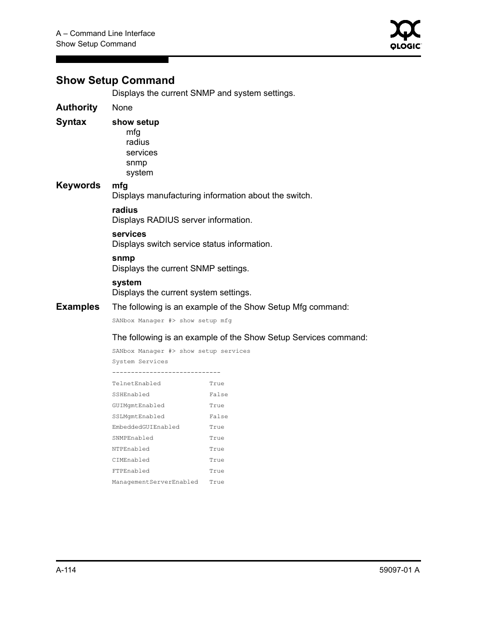 Show setup command, A-114 | Sun Microsystems 5602 User Manual | Page 288 / 324