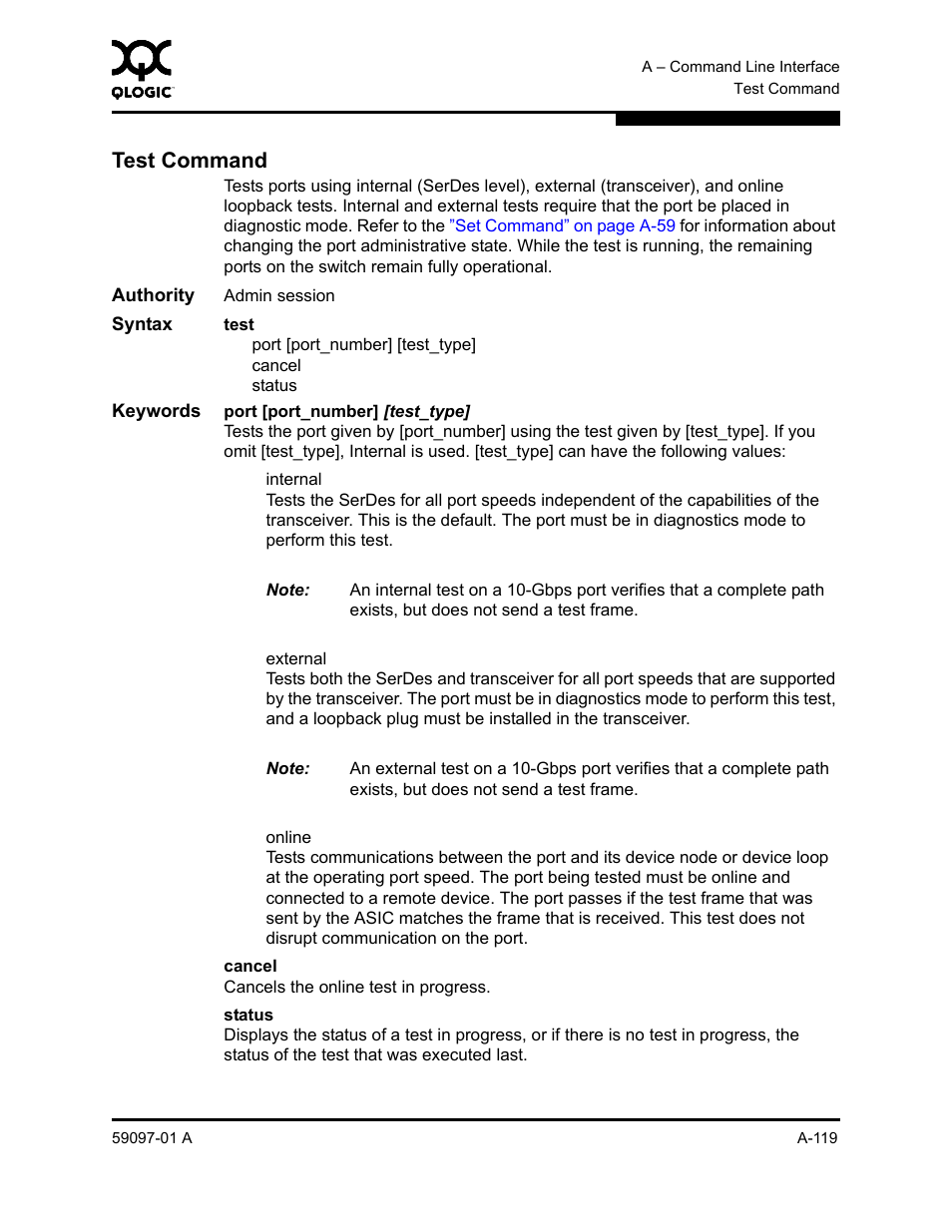 Test command, A-119 | Sun Microsystems 5602 User Manual | Page 293 / 324