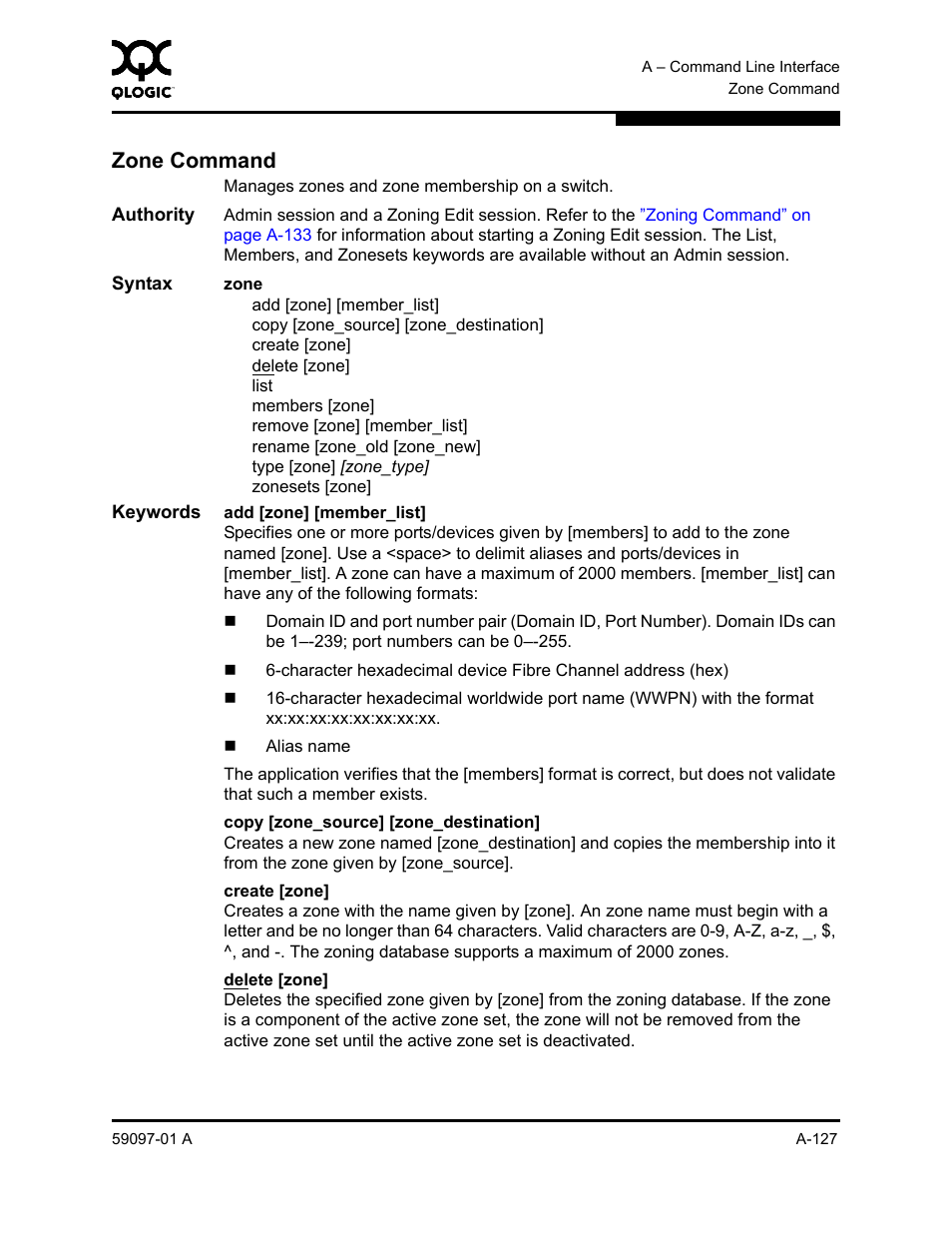 Zone command, A-127 | Sun Microsystems 5602 User Manual | Page 301 / 324