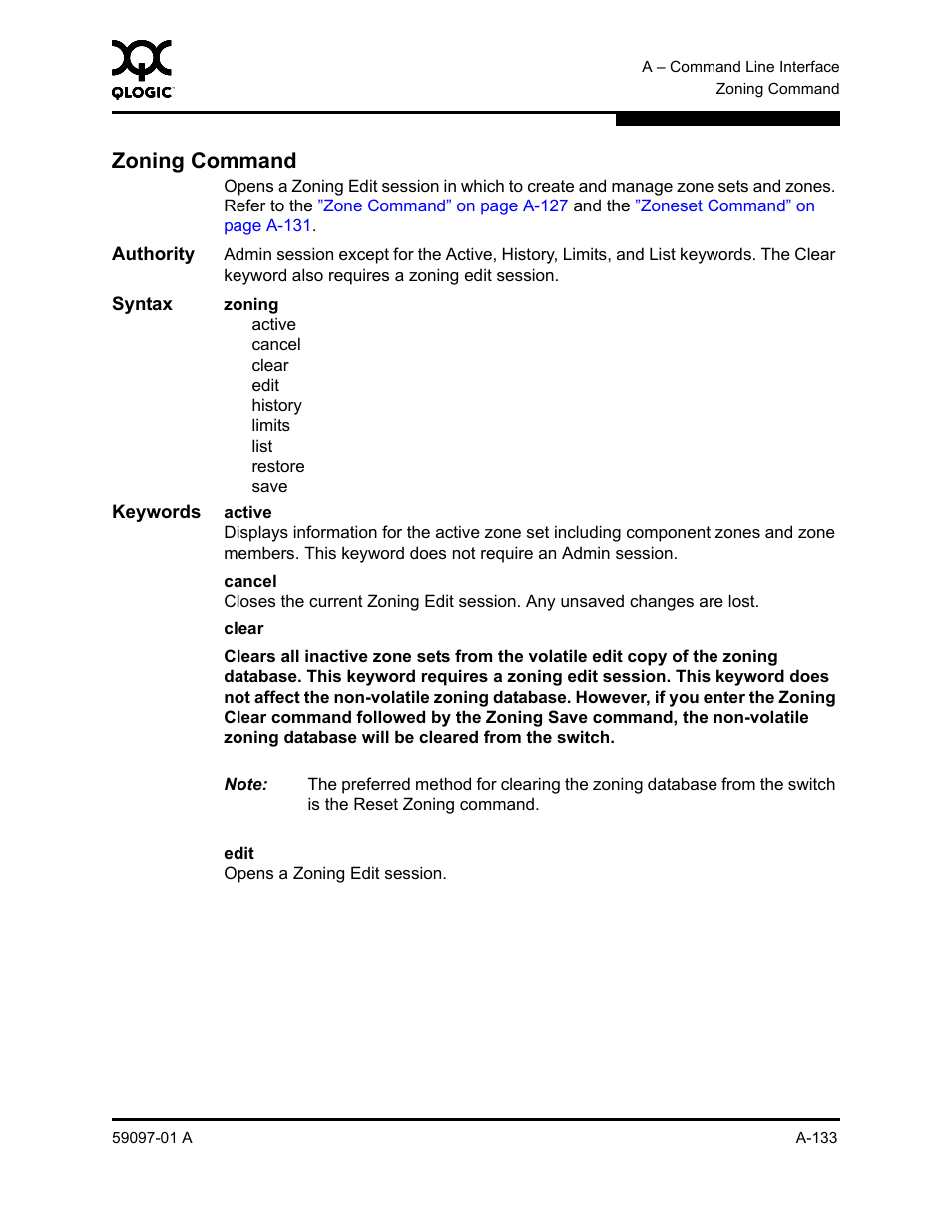 Zoning command, A-133, Zoning command” on | Sun Microsystems 5602 User Manual | Page 307 / 324