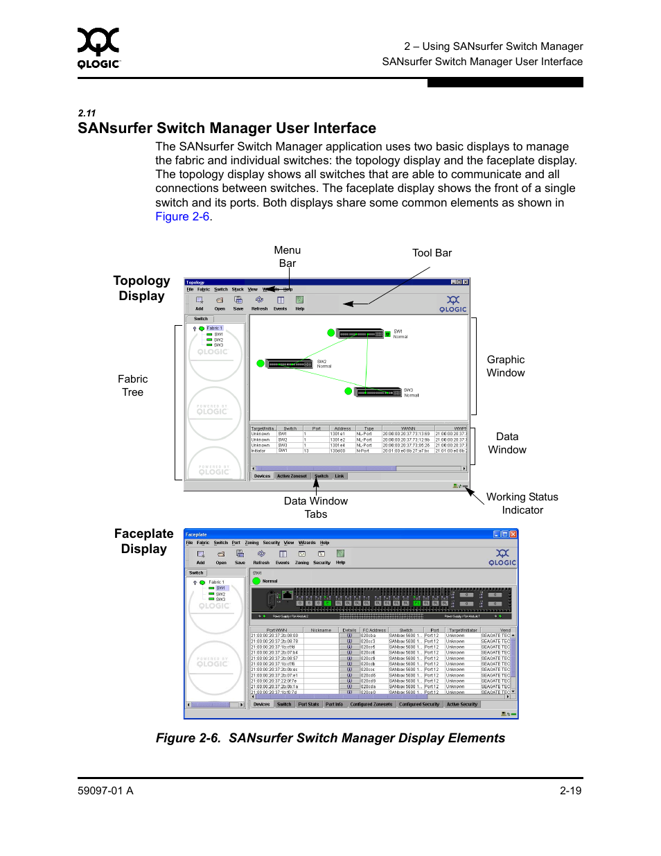 11 sansurfer switch manager user interface, Sansurfer switch manager user interface -19, Sansurfer switch manager display elements -19 | Sansurfer switch manager user interface | Sun Microsystems 5602 User Manual | Page 35 / 324
