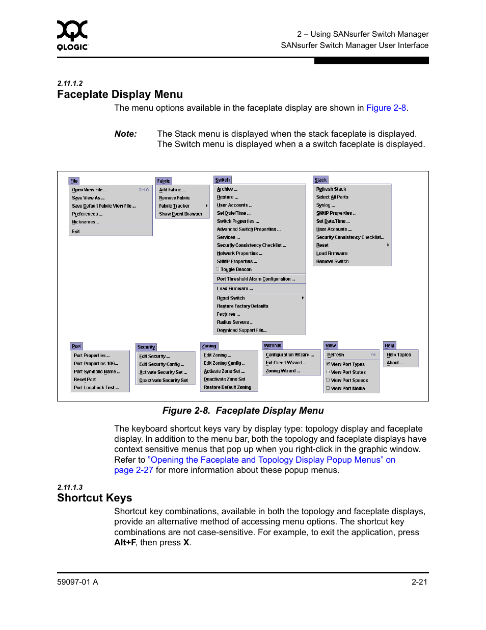 2 faceplate display menu, 3 shortcut keys, Faceplate display menu -21 | Shortcut keys -21 | Sun Microsystems 5602 User Manual | Page 37 / 324