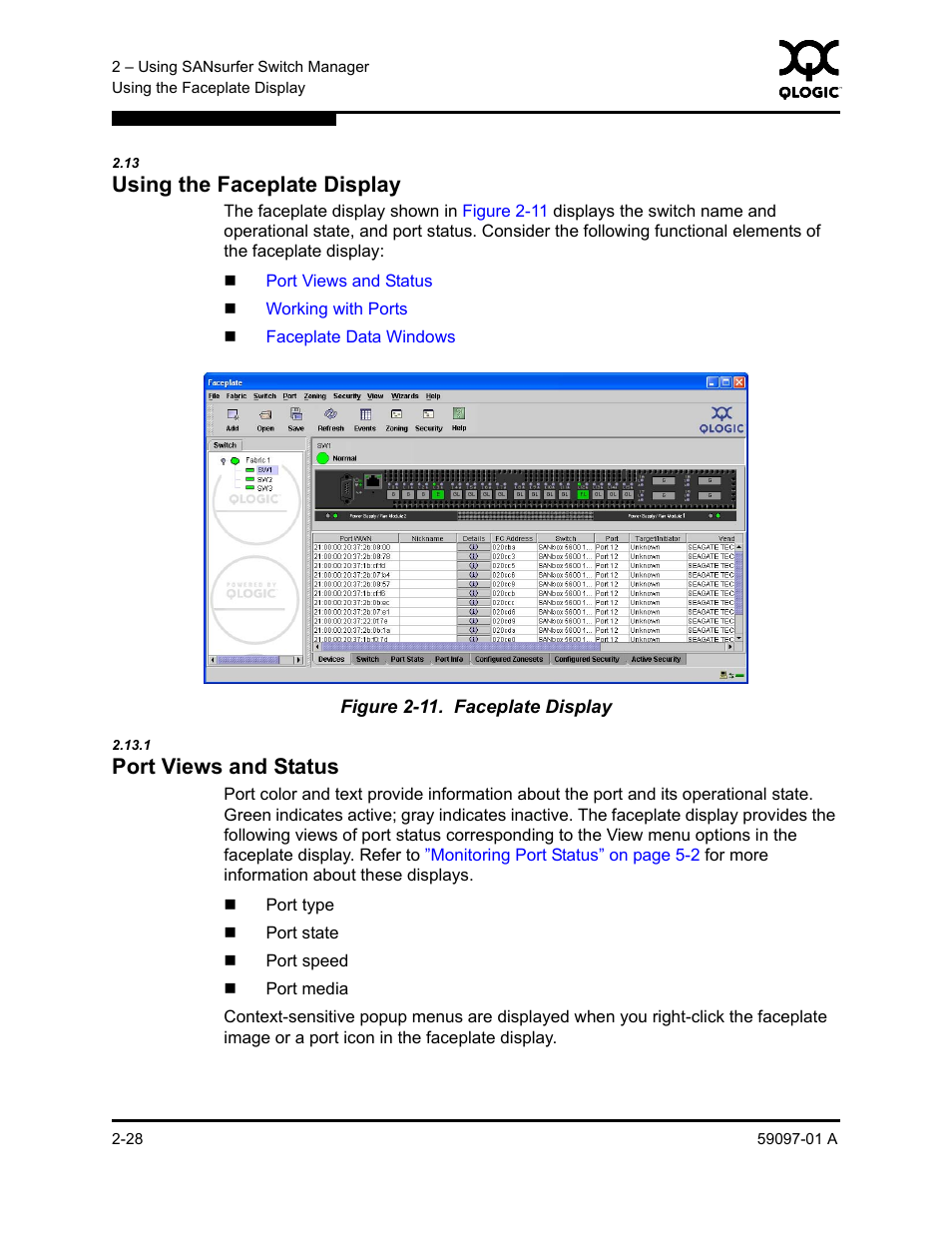 13 using the faceplate display, 1 port views and status, Using the faceplate display -28 | Port views and status -28, Faceplate display -28, Using the faceplate display | Sun Microsystems 5602 User Manual | Page 44 / 324