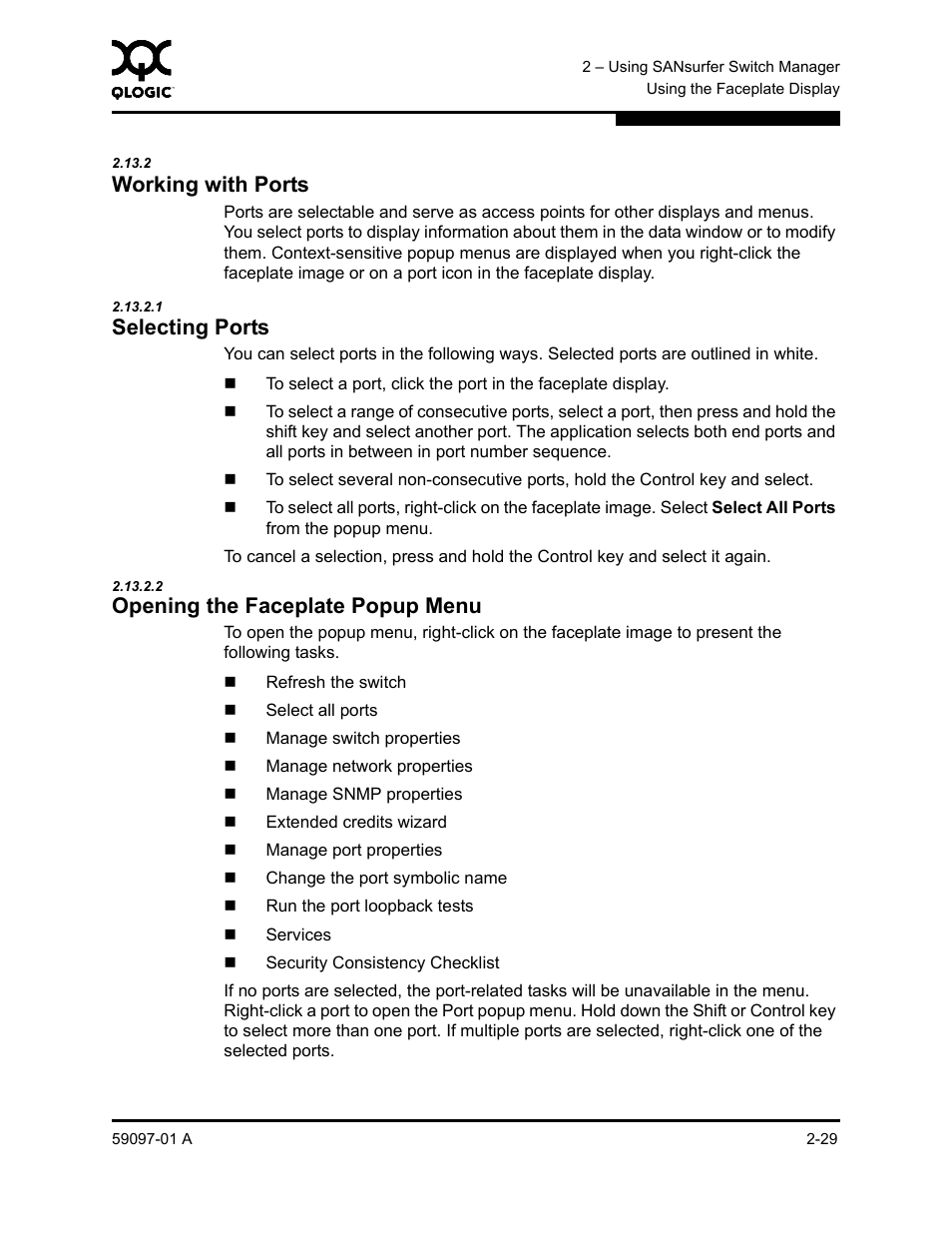 2 working with ports, 1 selecting ports, 2 opening the faceplate popup menu | Working with ports -29, Selecting ports -29, Opening the faceplate popup menu -29, Working with ports | Sun Microsystems 5602 User Manual | Page 45 / 324